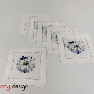 Set of 6 coasters hand-embroidered with blue apricot flower 10*10 cm